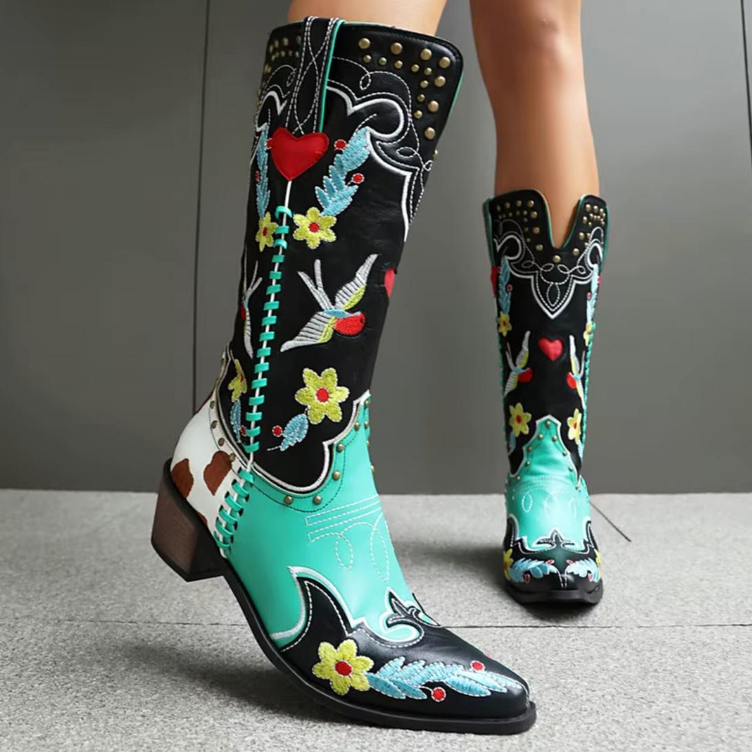 Bird & Bloom – Embroidered Mid-Calf Cowgirl Boots