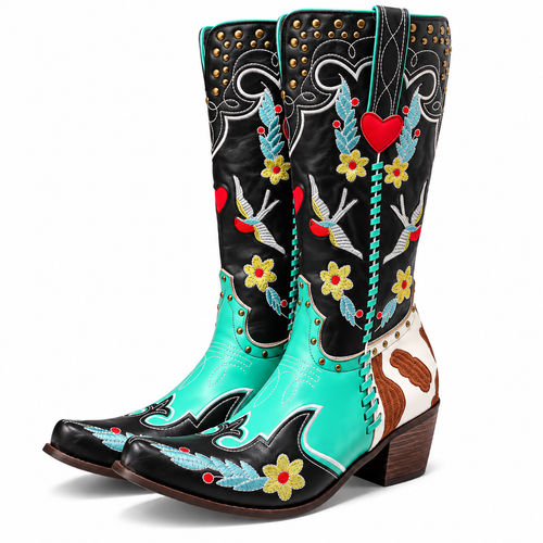 Bird & Bloom – Embroidered Mid-Calf Cowgirl Boots