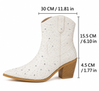 Starlight – White Rhinestone Pointed-Toe Cowgirl Ankle Boots