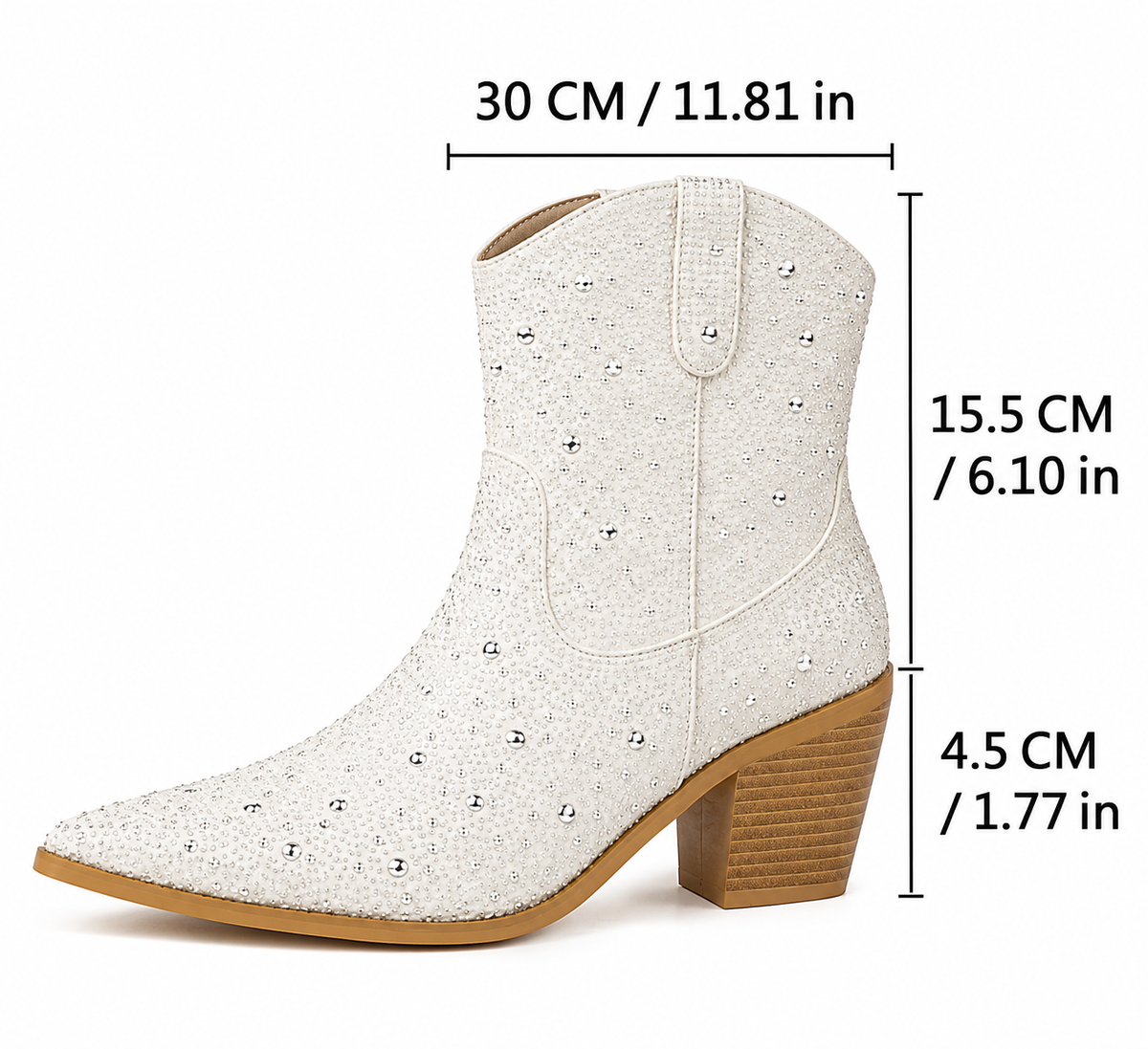 Starlight – White Rhinestone Pointed-Toe Cowgirl Ankle Boots