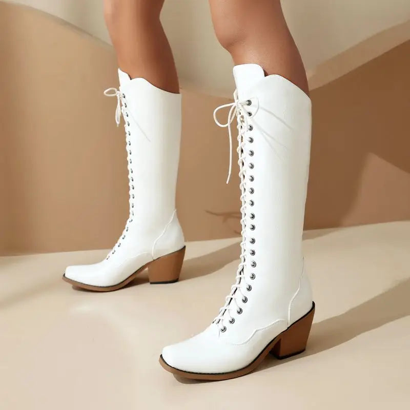 Raven – Women’s Knee-High Square-Toe Cowgirl Boots with Lace-Up