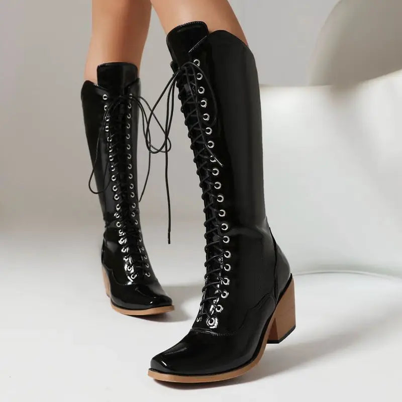 Raven – Women’s Knee-High Square-Toe Cowgirl Boots with Lace-Up