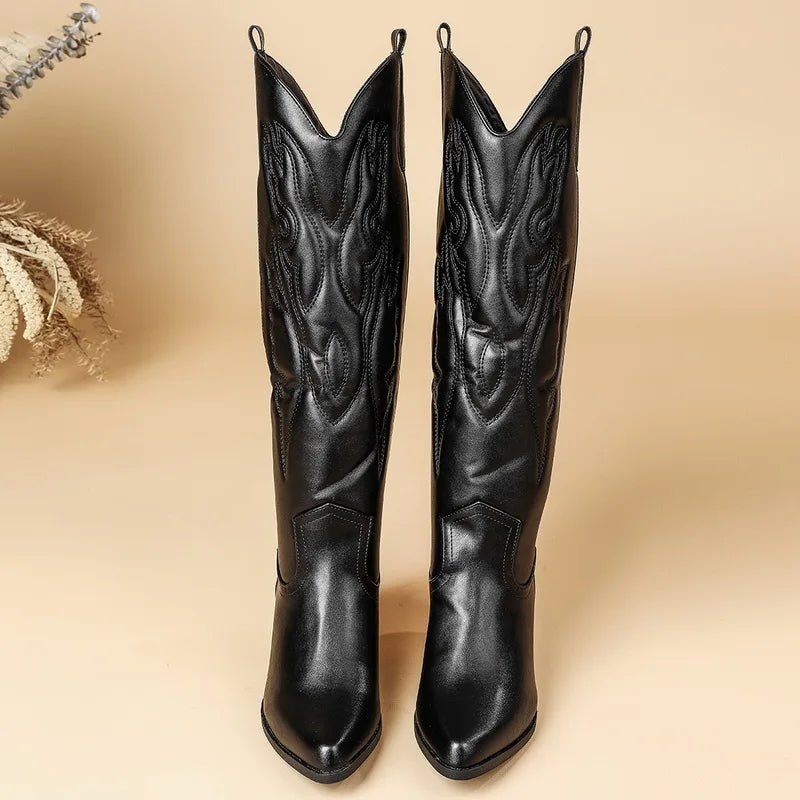 Sienna – Black Embroidered Pointed-Toe Cowgirl Boots