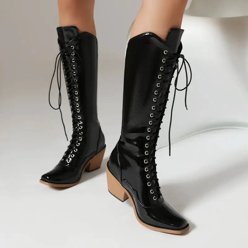 Raven – Women’s Knee-High Square-Toe Cowgirl Boots with Lace-Up