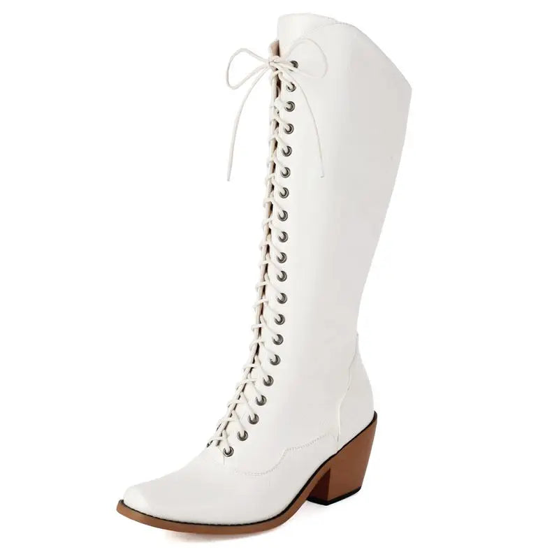 Raven – Women’s Knee-High Square-Toe Cowgirl Boots with Lace-Up