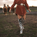 Rodeo Queen – Black & White Cow Print Knee-High Cowgirl Boots