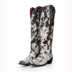 Rodeo Queen – Black & White Cow Print Knee-High Cowgirl Boots
