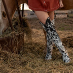 Rodeo Queen – Black & White Cow Print Knee-High Cowgirl Boots