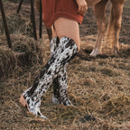 Rodeo Queen – Black & White Cow Print Knee-High Cowgirl Boots