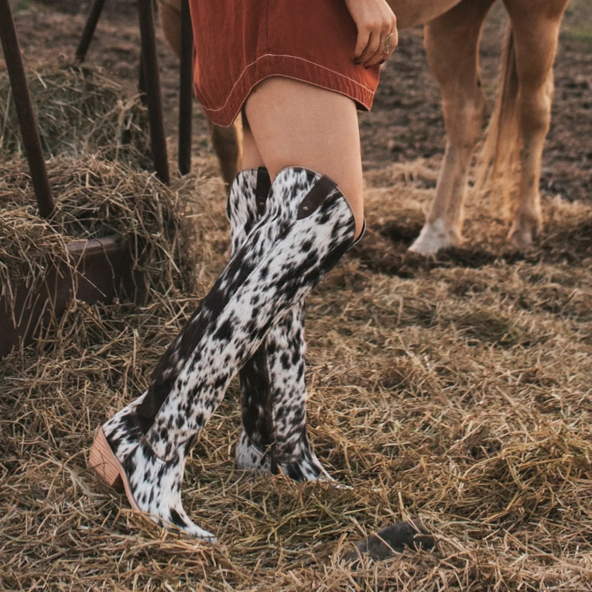 Black & White Cow Print Knee-High Cowgirl Boots