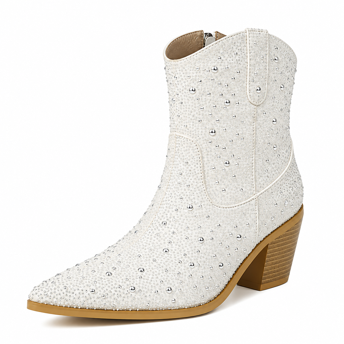 Starlight – White Rhinestone Pointed-Toe Cowgirl Ankle Boots