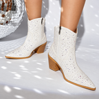 Starlight – White Rhinestone Pointed-Toe Cowgirl Ankle Boots